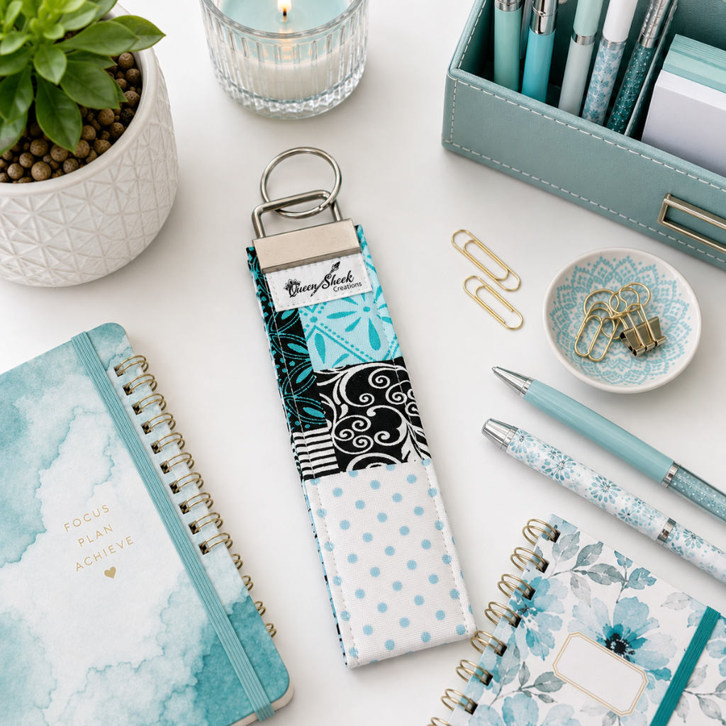 Aqua Haven Patchwork Wristlet Key Fob