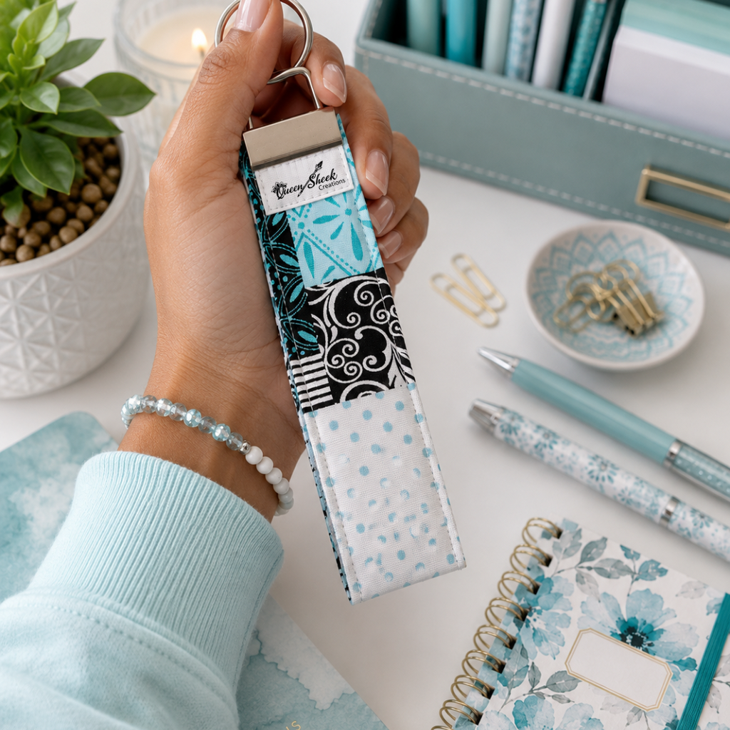 Aqua Haven Patchwork Wristlet Key Fob