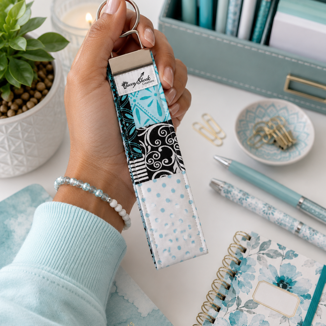 Aqua Haven Patchwork Wristlet Key Fob