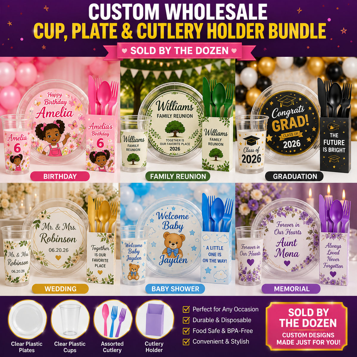 Custom Clear Cups, Plates & Cutlery Sets (Wholesale)