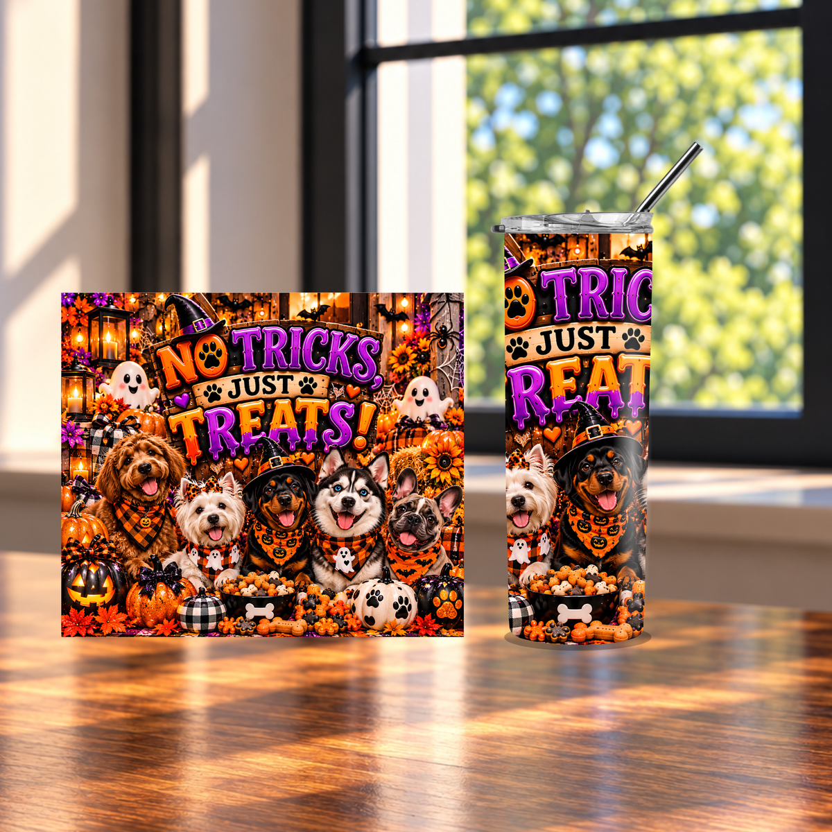 No Trick Just Treat Halloween Dog Tumbler