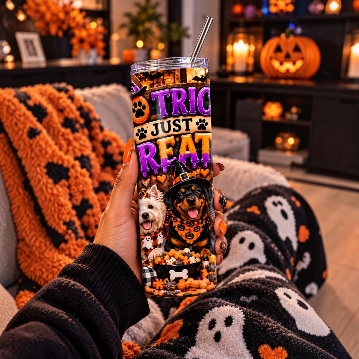 No Trick Just Treat Halloween Dog Tumbler
